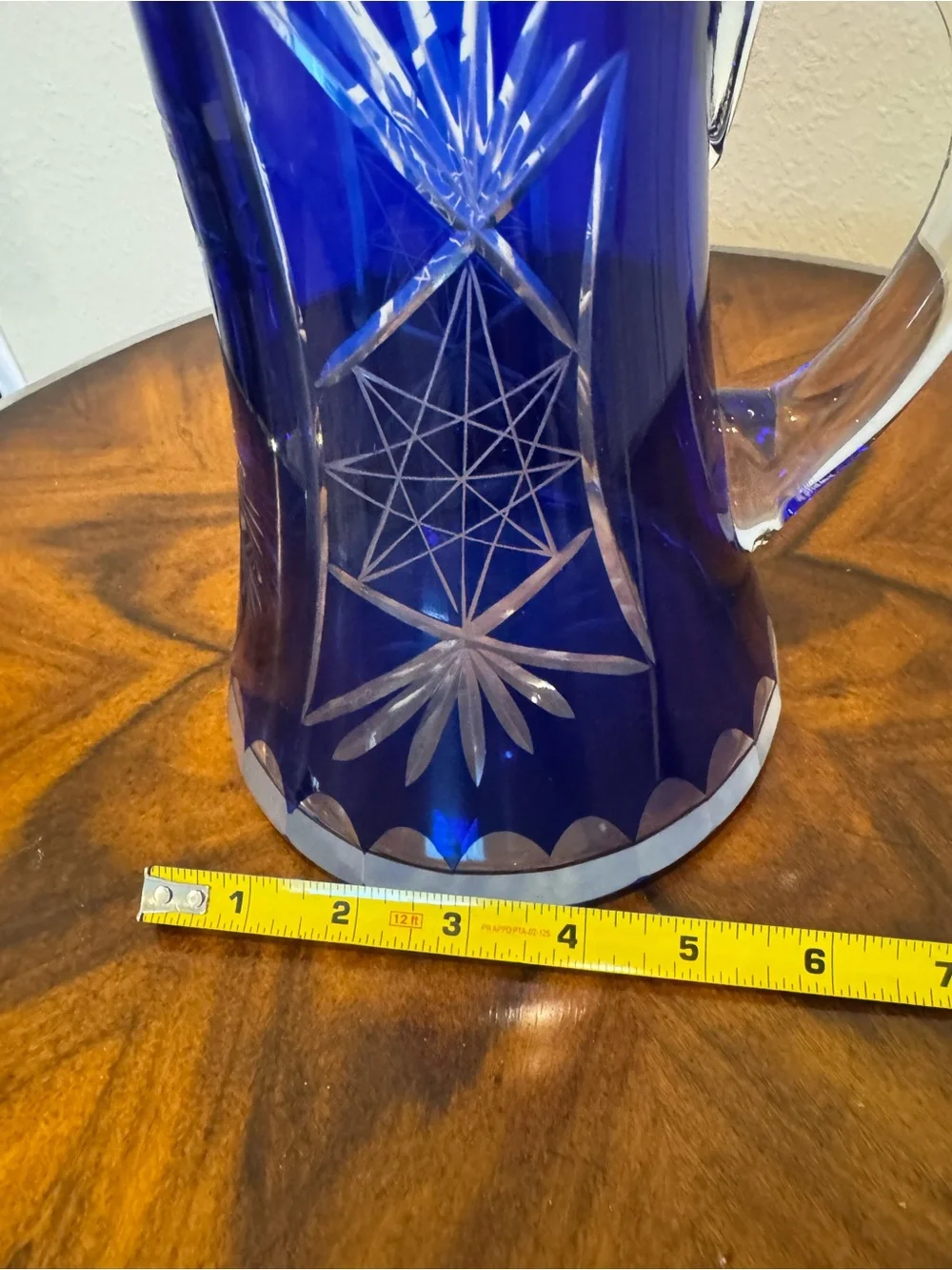 Mid-Century Cobalt Cut To Clear Glass Pitcher 9”